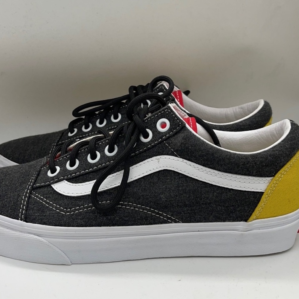Vans Old Skool Colorblock in Gray, Red, and Yellow.